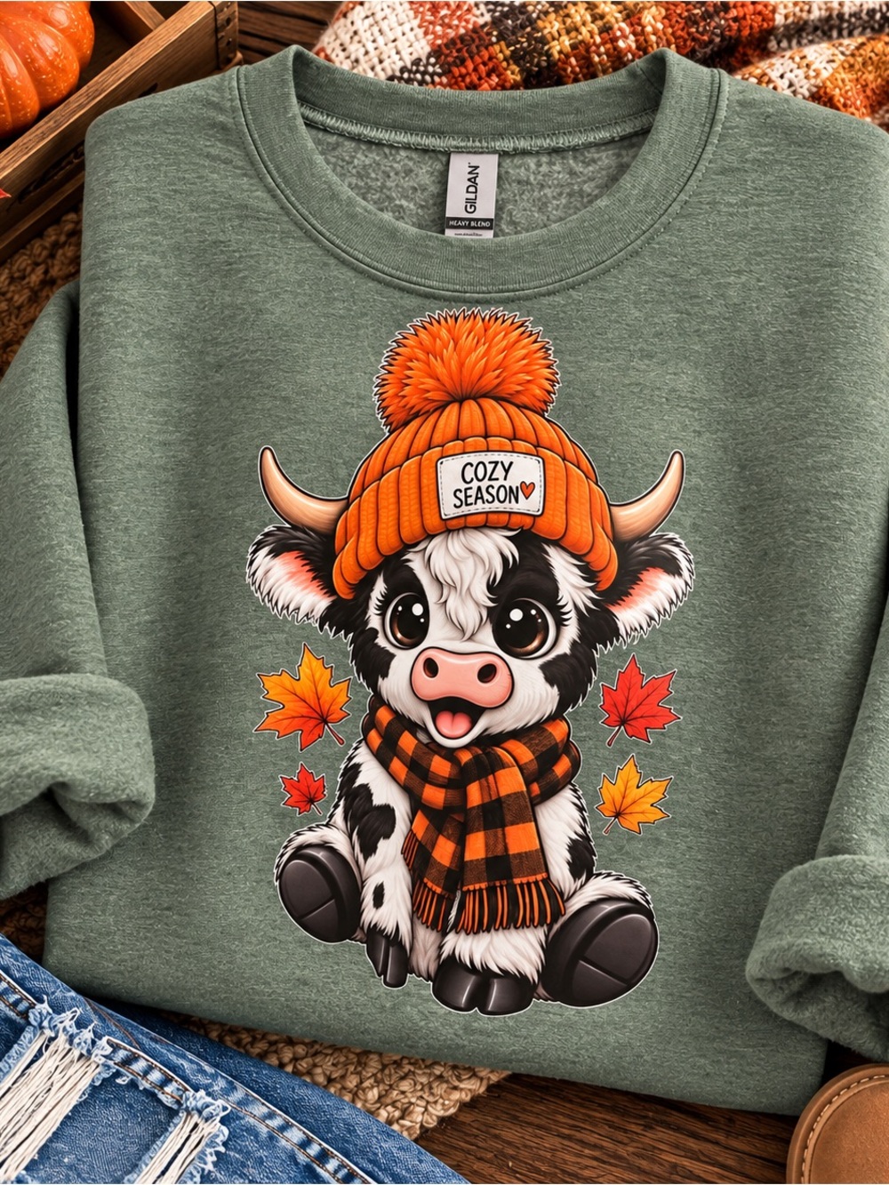 Gildan Green Crewneck Sweatshirt with Orange Cow Graphic